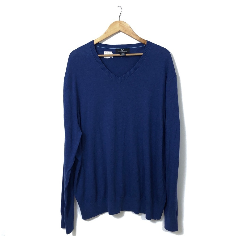 Magaschoni Mens Plus Dark Blue Long Sleeve V-Neck Sweater XXL